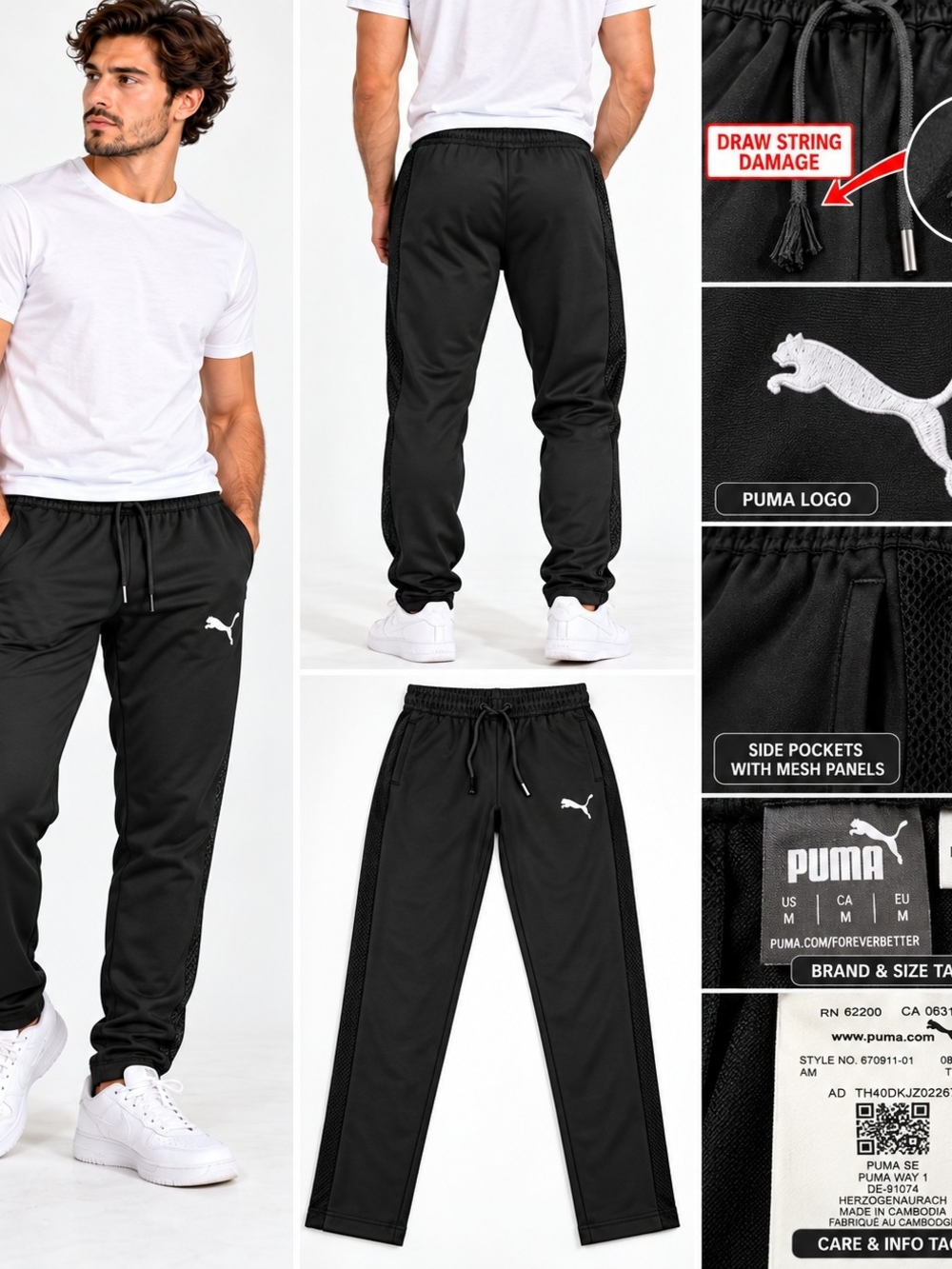 Puma Black Men's Mesh-Panel Joggers with White Logo Size Medium